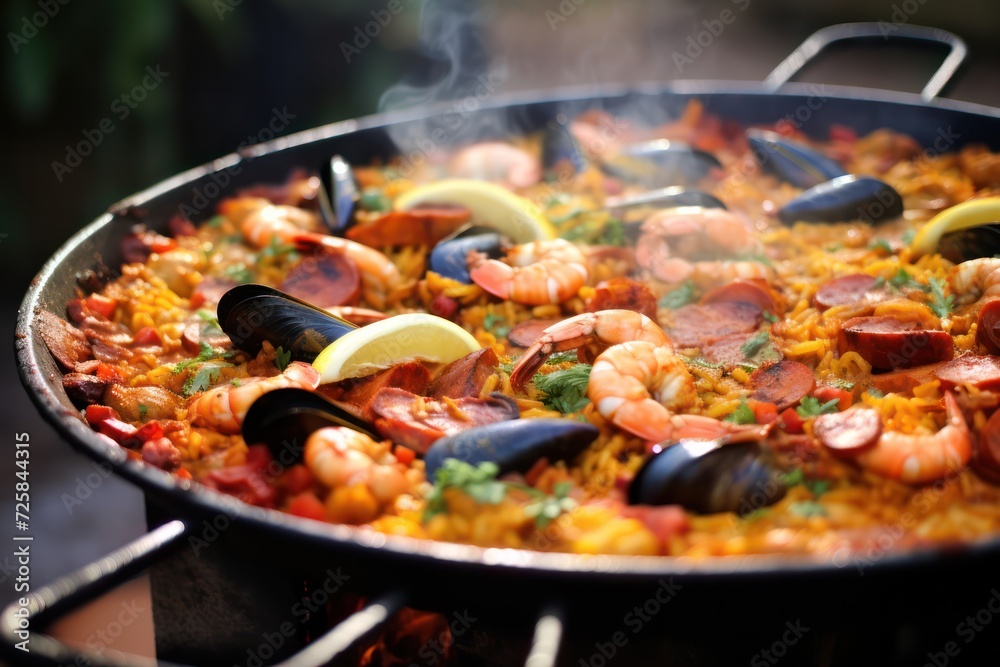 paella with seafood closeup on frying pan with lemon, shrimp and mussels smoking hot. Sunday family tradition in Spain. Rice with prawns and shellfish. paella with seafood closeup on frying pan with lemon, shrimp and mussels smoking hot. Sunday family tradition in Spain. Rice with prawns and shellfish.