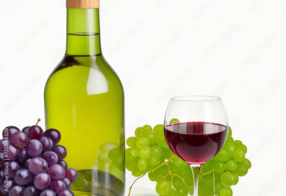 Fototapeta premium wine bottle glass and grapes isolated on white