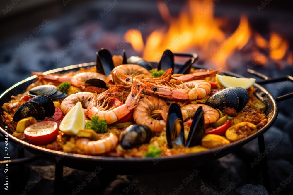 paella with seafood closeup on frying pan with lemon, shrimps and mussels with fire on background. Rice with prawns and shellfish. paella with seafood closeup on frying pan with lemon, shrimps and mussels with fire on background. Rice with prawns and shellfish.