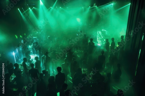 people dancing at nightclub with green emerald neon light aerial view. Night life  party and clubbing.