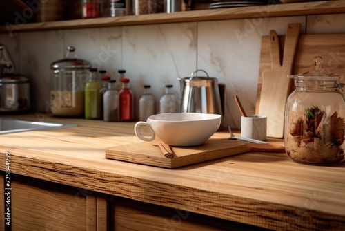 A wooden counter top with a bowl of food. Perfect for showcasing delicious meals and recipes