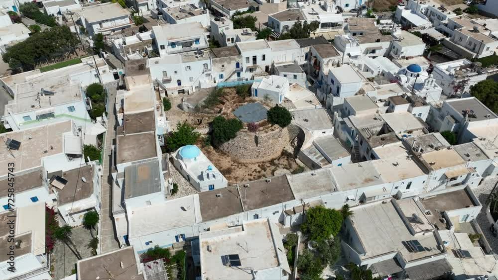 Aerial drone rotational video of famous Venetian fortified castle of main village in Antiparos island, Cyclades, Greece Aerial drone rotational video of famous Venetian fortified castle of main village in Antiparos island, Cyclades, Greece
