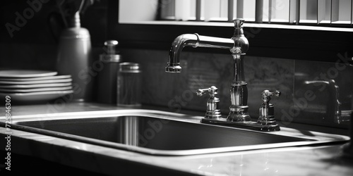 A black and white photo of a kitchen sink. Suitable for home improvement, interior design, or real estate projects