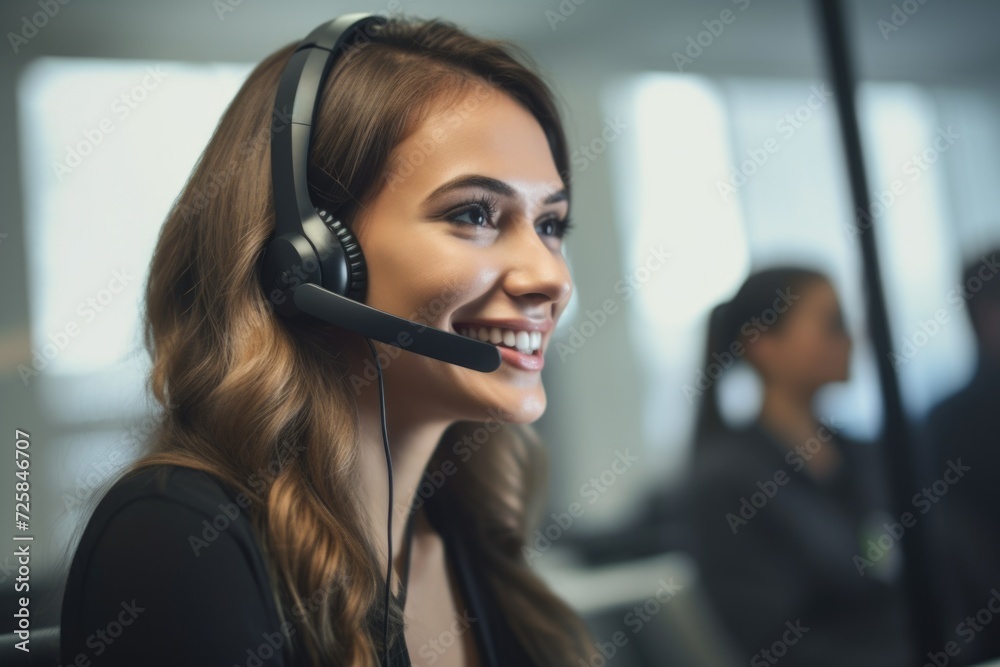 A woman wearing a headset, working in a call center. Suitable for business and customer service concepts A woman wearing a headset, working in a call center. Suitable for business and customer service concepts