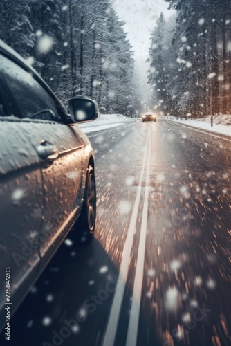 A car driving down a snowy road. Perfect for winter travel or road trip concepts