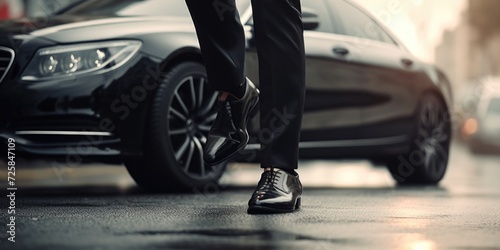 A professional man wearing a suit and tie standing confidently in front of a sleek car. Suitable for business, automotive, and professional themes © Fotograf