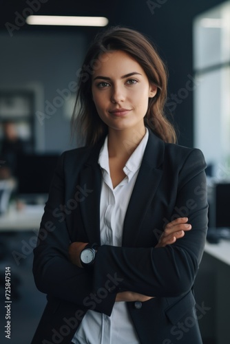 A professional businesswoman standing confidently with her arms crossed. Perfect for illustrating confidence, professionalism, and leadership in the workplace