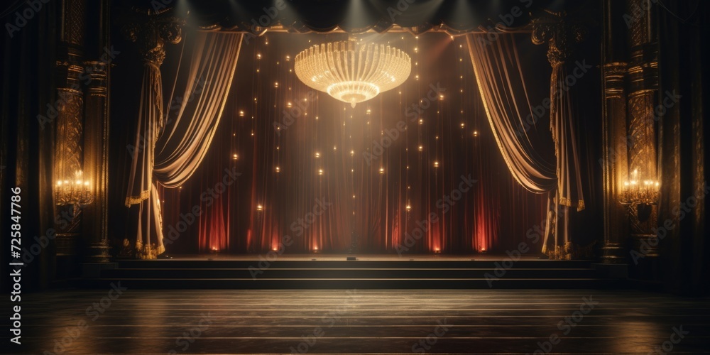 A stage with a chandelier and red curtains. Suitable for theater, opera, or dance performance. - obrazy, fototapety, plakaty 