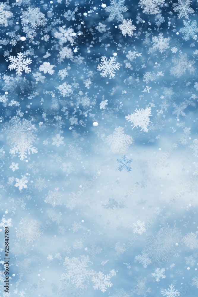 Snow flakes falling from the sky on a blue background. This image can be used to depict winter, cold weather, or holiday season