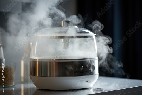 A white humidifier sitting on top of a counter. Ideal for home or office use