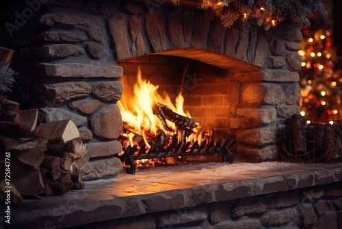 A cozy fireplace with logs burning brightly, with a beautifully decorated Christmas tree in the background. Perfect for creating a warm and festive atmosphere during the holiday season