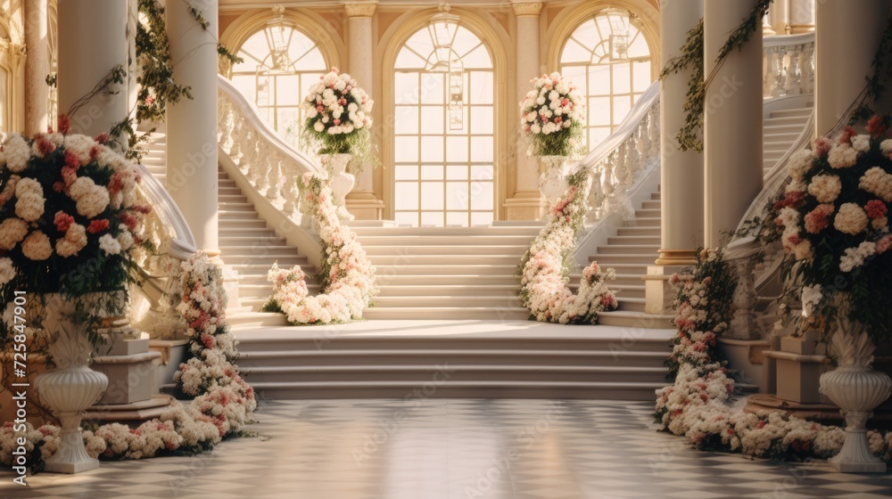 A staircase adorned with a beautiful bunch of flowers. Perfect for adding a touch of elegance to any space