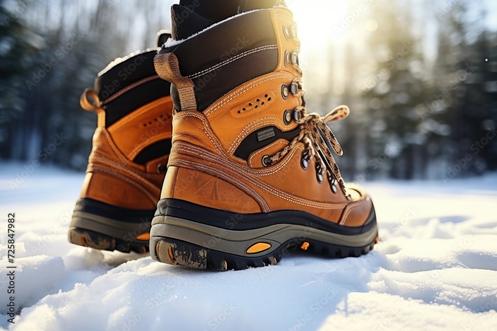 Hiking boots standing in the snow. Suitable for outdoor adventure and winter activities Hiking boots standing in the snow. Suitable for outdoor adventure and winter activities