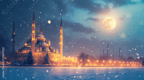 Mosque in the center of city with snowflakes environment and full moon on the sky. Muslim holy month Ramadan Kareem