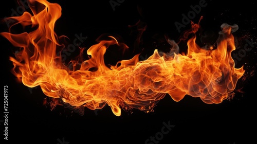 Close-up view of a fire burning on a black background. This image can be used to depict concepts such as warmth, energy, danger, or destruction