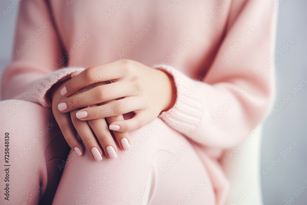 A detailed view of a person's hands resting on a chair. Suitable for various applications