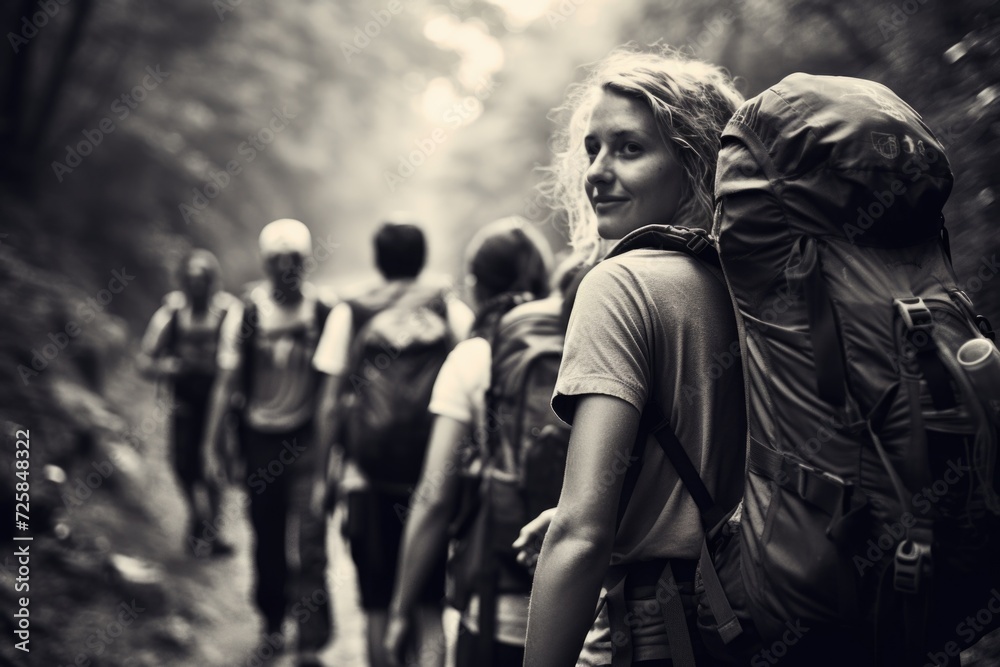 A group of people with backpacks walking down a trail. Perfect for travel and adventure themes