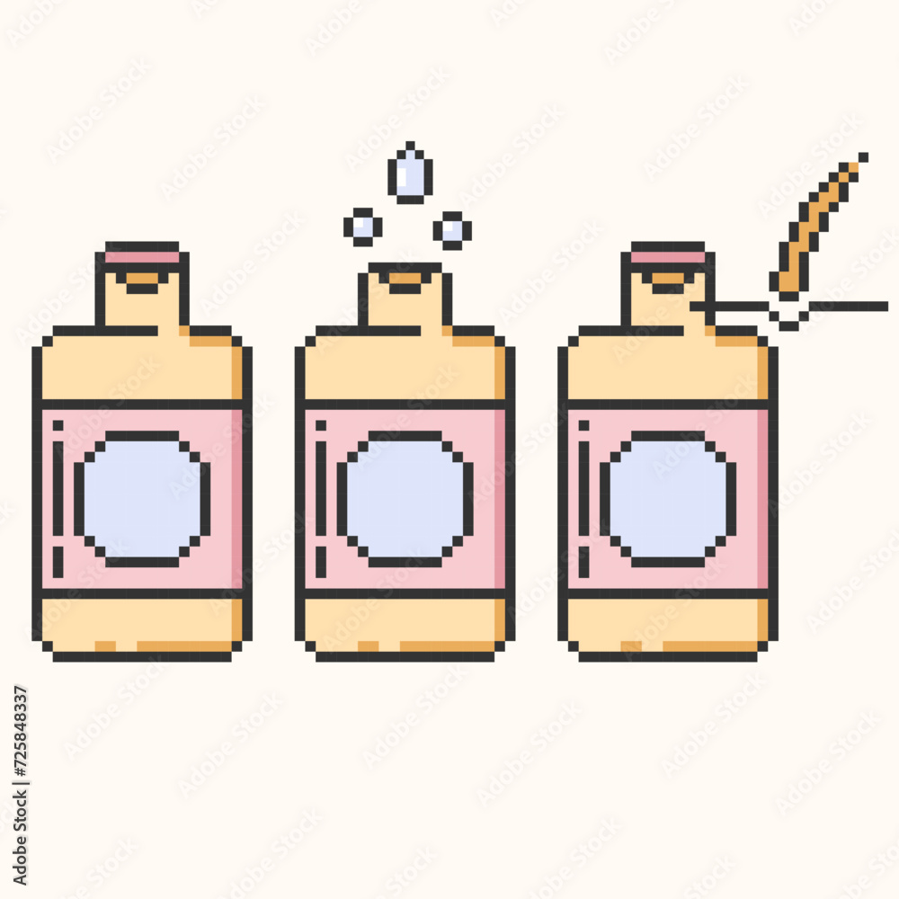 Shampoo bottle and foam pixel art icon set.Hair care,loss treatment, moisturizing,healthy roots,follicle,thin line symbol on white background.Simple instructions for using.Vector illustration EPS 10
