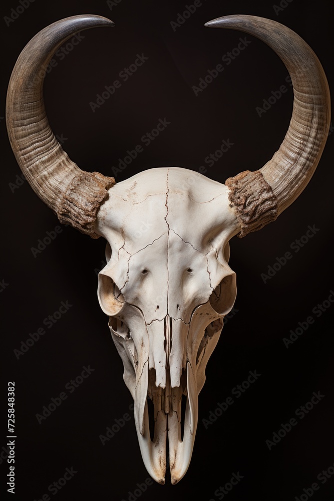 A cow skull with large horns depicted on a black background. Suitable for various design projects