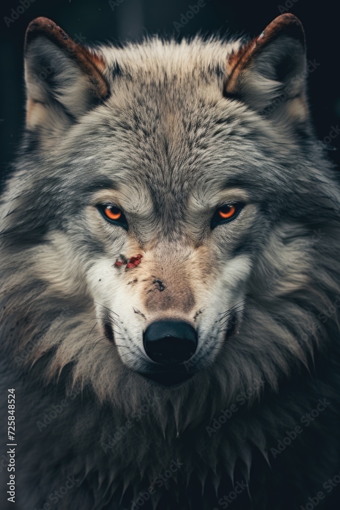 A close-up view of a wolf's face, featuring intense red eyes. Suitable for projects requiring a powerful and captivating image.
