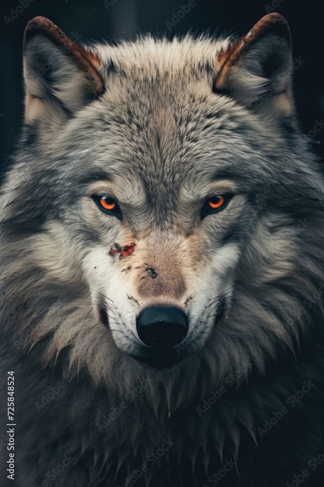 Obraz premium A close-up view of a wolf's face, featuring intense red eyes. Suitable for projects requiring a powerful and captivating image.