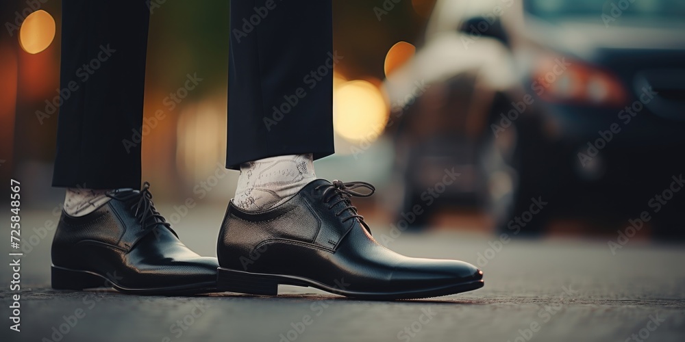 A close-up shot of a person wearing black shoes. Perfect for fashion, footwear, or lifestyle-related projects