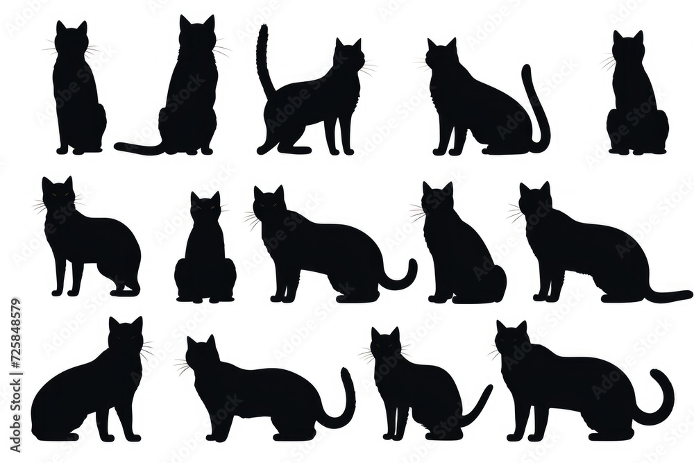 A compact collection of black cat silhouettes against a clean white background. Perfect for Halloween decorations or cat-themed designs