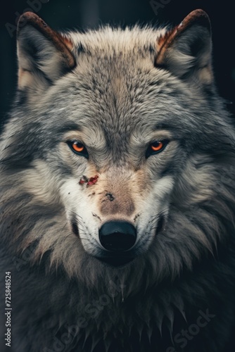 A close-up view of a wolf's face, featuring intense red eyes. Suitable for projects requiring a powerful and captivating image.
