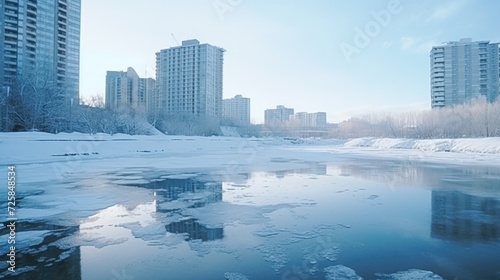 A picture of a frozen river with buildings in the background. This image can be used to depict winter scenery or to illustrate the concept of a frozen landscape