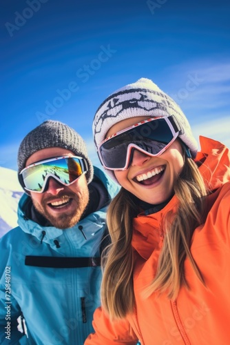 A couple capturing a moment together by taking a selfie in the snowy landscape. Perfect for winter-themed projects or social media content