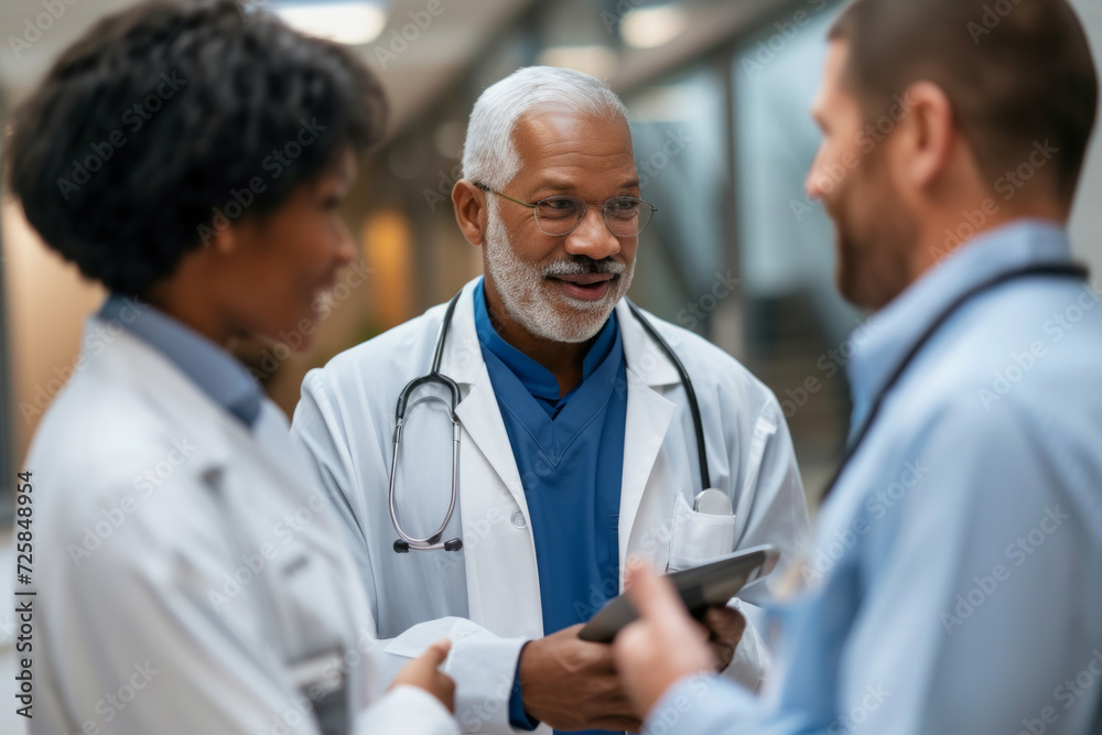 Team of professional males and females doctors in hospital. Indoor. International group of medics. Multi ethnic physicians in gowns and uniforms in clinic. Medical workers. Team of professional males and females doctors in hospital. Indoor. International group of medics. Multi ethnic physicians in gowns and uniforms in clinic. Medical workers.