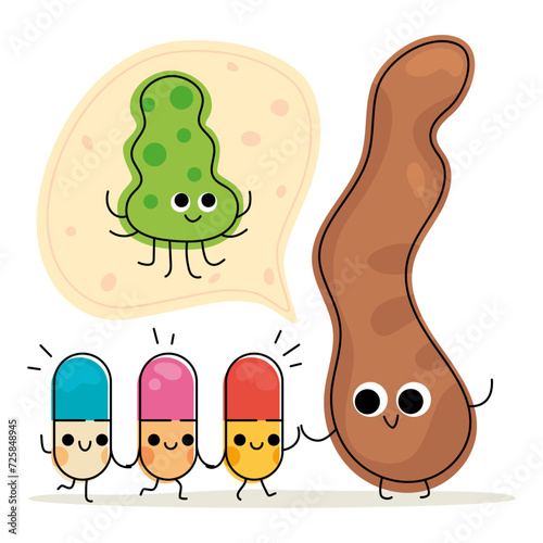 Illustration pour revue médicale sur le microbiote et la transplantation fécale,guérir les maladies intestin estomac avec de nouveaux médicaments,dessin animé mignon et coloré avec des personnages photo