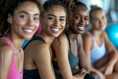 A cheerful gathering of sporty women with diverse backgrounds, smiling together at the gym.