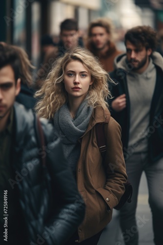 A woman is seen walking down a busy city street. This image can be used to depict urban life or the hustle and bustle of city living