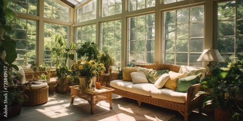 A cozy sun room with comfortable seating, a stylish coffee table, and beautiful potted plants. Perfect for relaxing and enjoying the natural light.