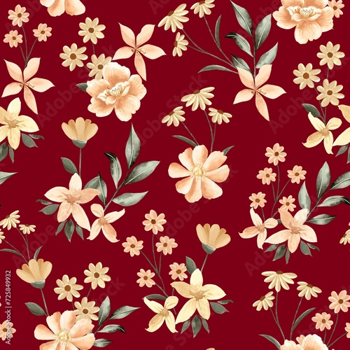 Watercolor flowers pattern, yellow tropical elements, green leaves, red background, seamless