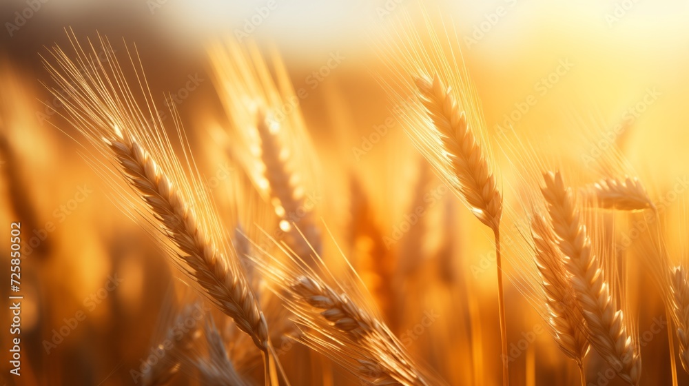 Wheat field. Ears of golden wheat close up. Beautiful Nature Sunset Landscape. Rural Scenery under Shining Sunlight. Background of ripening ears of wheat field. Rich harvest Concept. Сopy space for a Wheat field. Ears of golden wheat close up. Beautiful Nature Sunset Landscape. Rural Scenery under Shining Sunlight. Background of ripening ears of wheat field. Rich harvest Concept. Сopy space for a