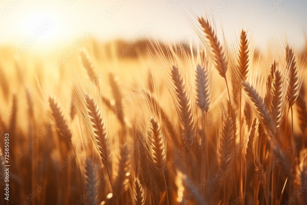 Wheat field. Ears of golden wheat close up. Beautiful Nature Sunset Landscape. Rural Scenery under Shining Sunlight. Background of ripening ears of wheat field. Rich harvest Concept. Сopy space for a  - obrazy, fototapety, plakaty 