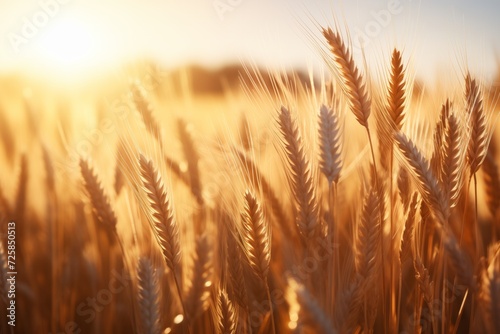 Wheat field. Ears of golden wheat close up. Beautiful Nature Sunset Landscape. Rural Scenery under Shining Sunlight. Background of ripening ears of wheat field. Rich harvest Concept. Сopy space for a 