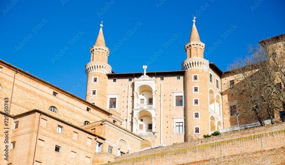 Bottom view of the Ducal Palace in Urbino, Marche, Italy. It is the main monument of the city. It was an important center of the Italian Renaissance and the entire structure is a world heritage site.