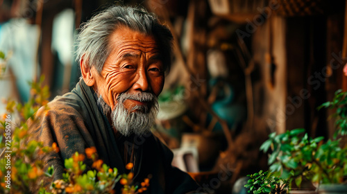 A happy Japanese old man plants bonsai on a table in a typical Japanese house