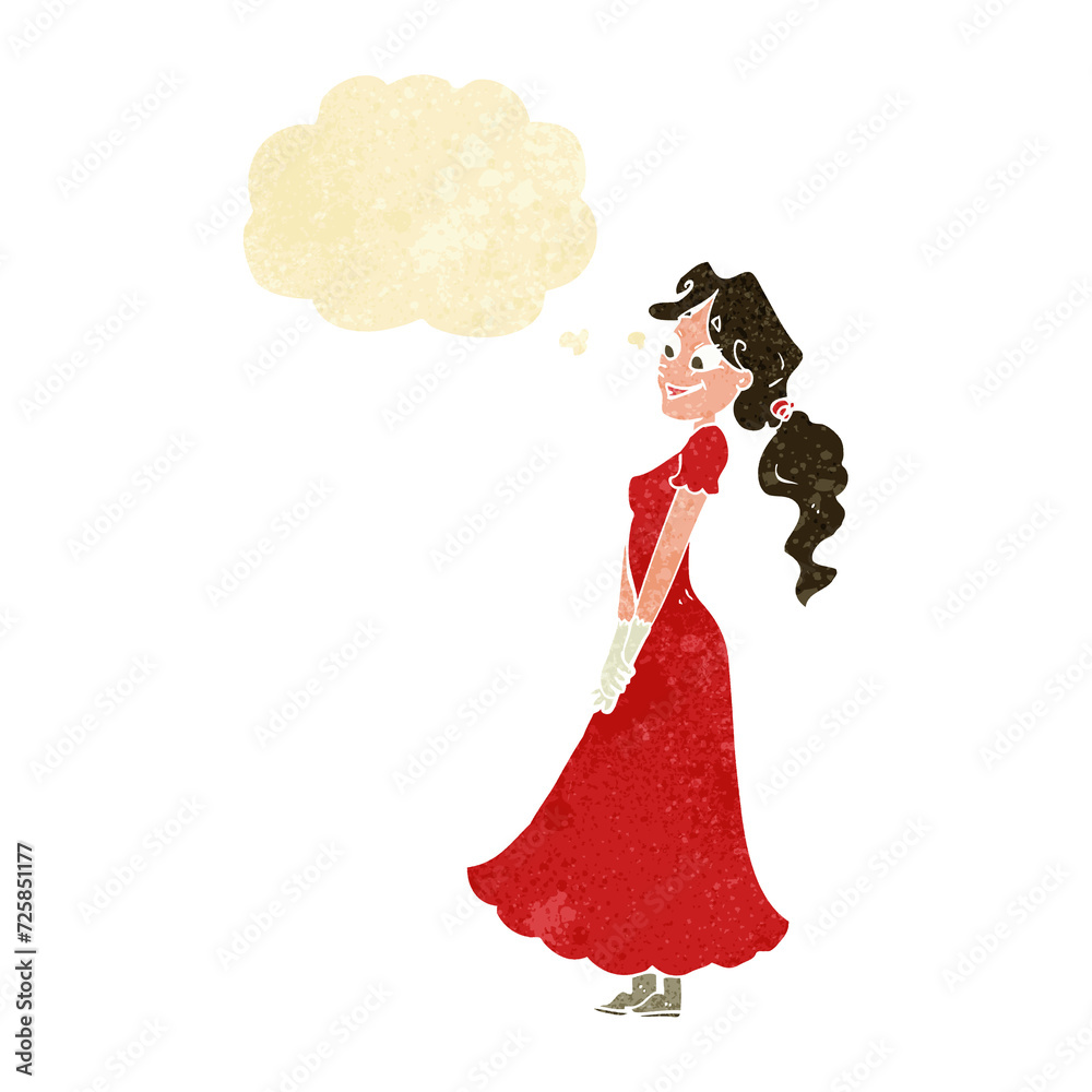 cartoon pretty woman in dress with thought bubble cartoon pretty woman in dress with thought bubble