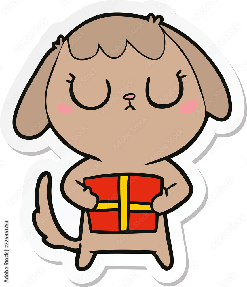 sticker of a cute cartoon dog with christmas present sticker of a cute cartoon dog with christmas present