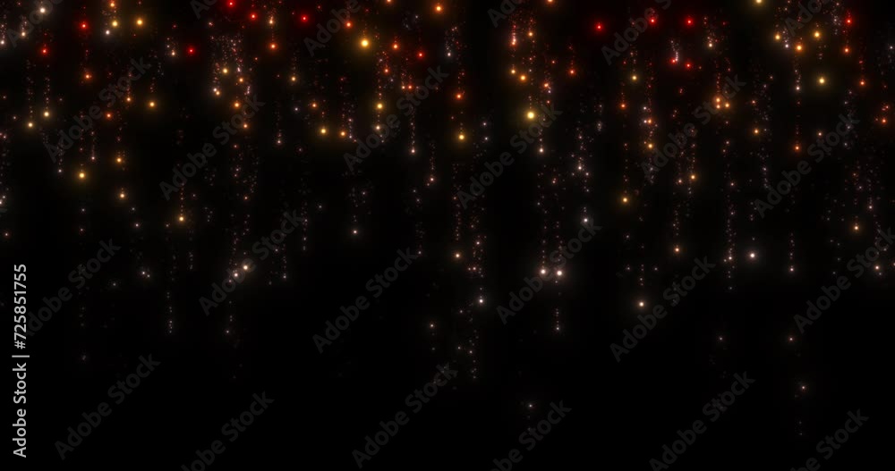 An orange curtain of sparkling lights. Red, orange, yellow, white particles with tails of scattered small particles falling down on a black background. Seamless looping animation.