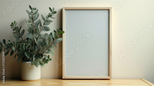 A mockup of a blank photo frame sitting on a wooden table with plants besides, minimal and clean style. Photorealistic illustration, Generative AI