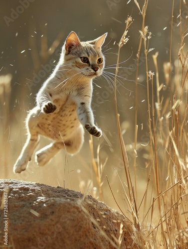A playful cat leaps over a rock in a field. Generative AI.