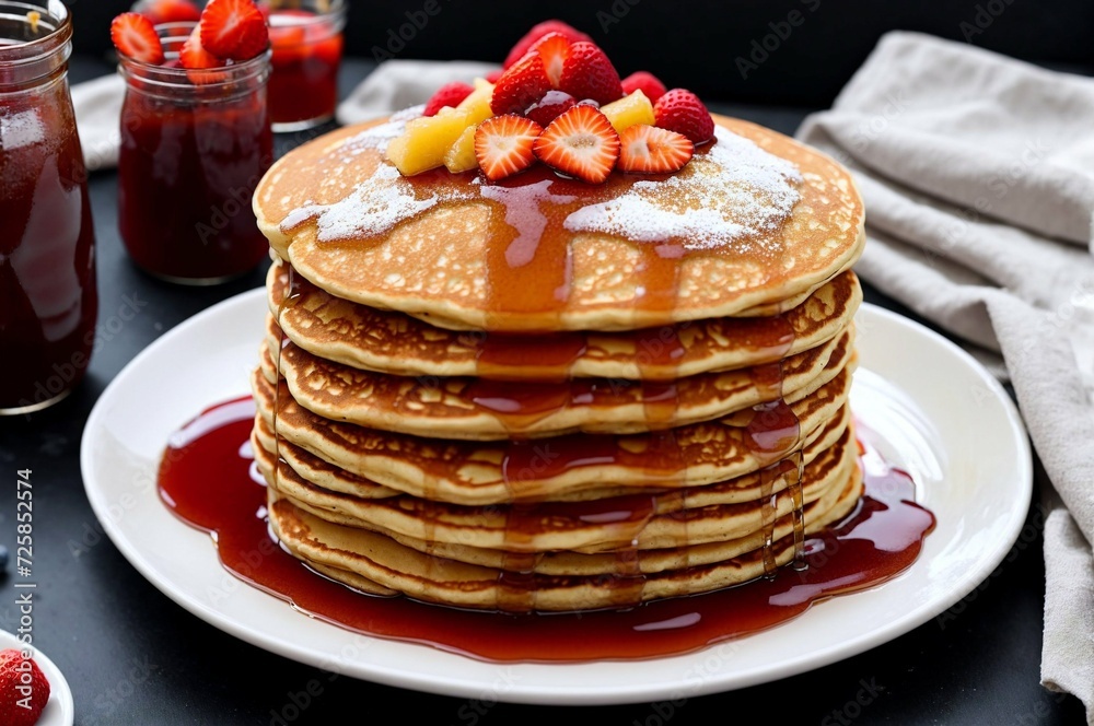 Stack of pancakes with strawberry and apricot jam on a plate Stack of pancakes with strawberry and apricot jam on a plate