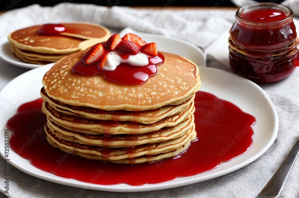 Stack of pancakes with strawberry and apricot jam on a plate Stack of pancakes with strawberry and apricot jam on a plate