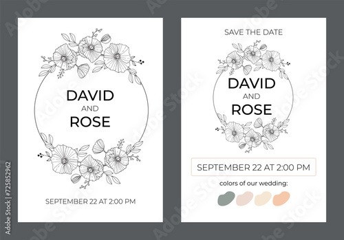Wedding invitation in a minimalist style. A flower wreath vector hand drawn illustration