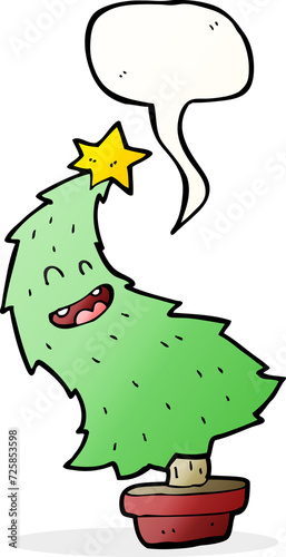 cartoon dancing christmas tree with speech bubble